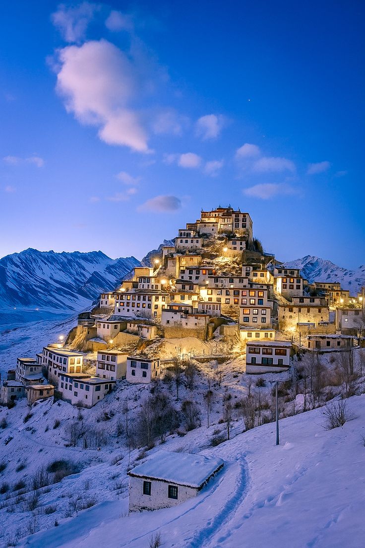 Spiti Valley panoramic landscape with ancient Buddhist monasteries, Himachal Pradesh